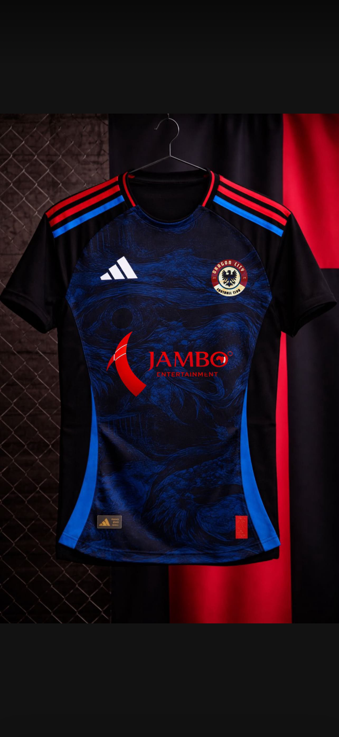Dragon City FC black and blue away jersey